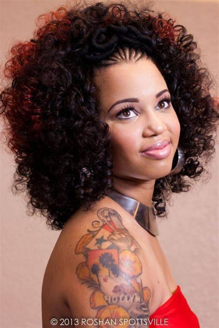 curls w/red ombre weave... cornrows with yarn tread wraps Cornrow