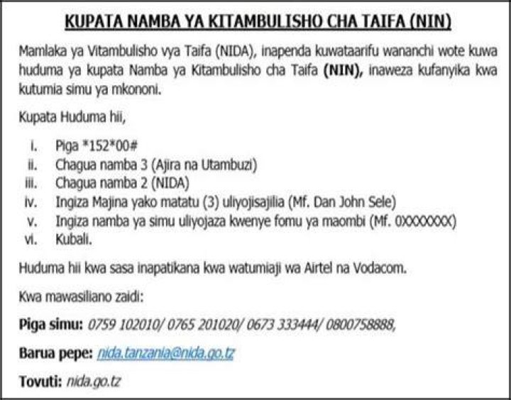 Jinsi ya Kupata Namba ya NIDA Online How To